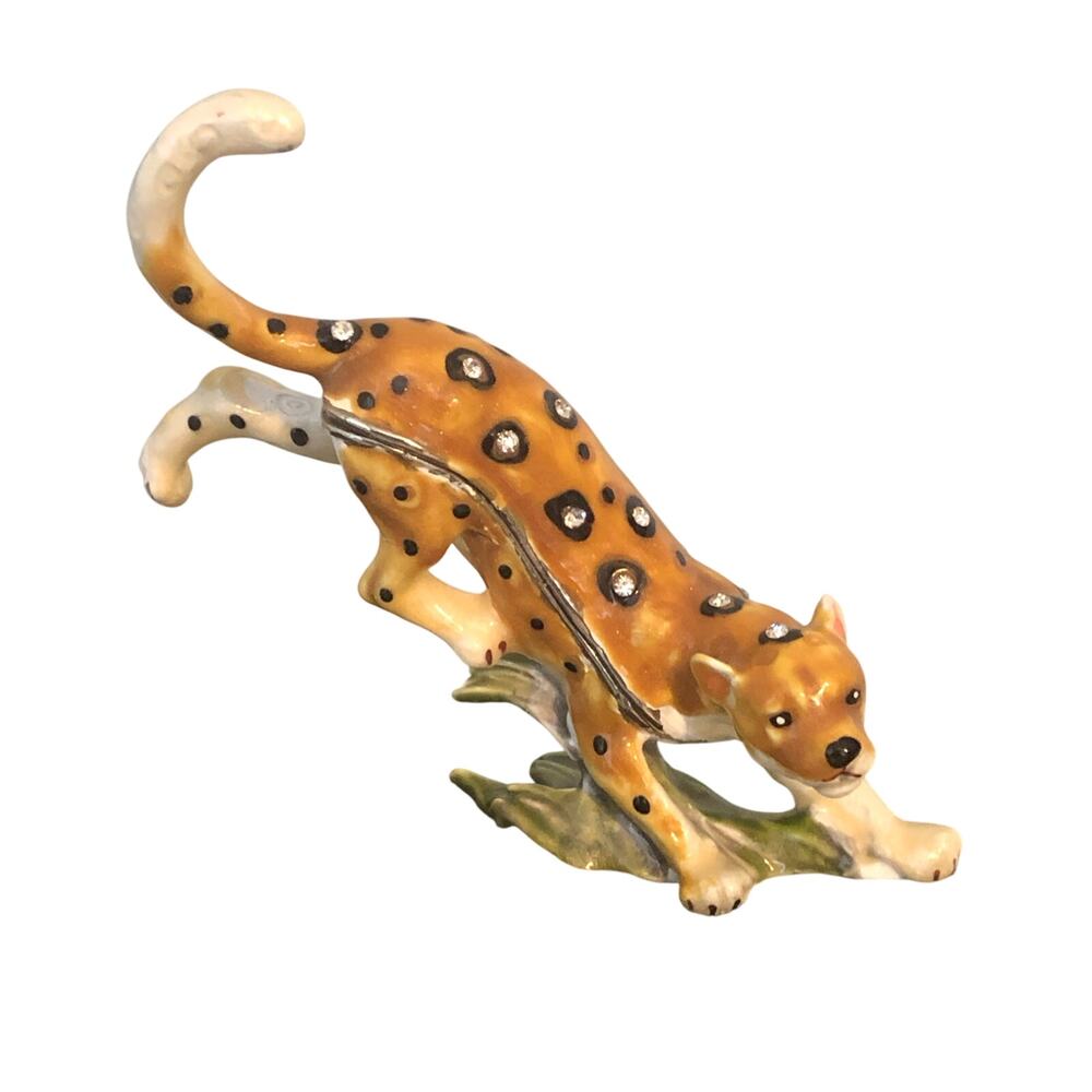 Leopard Cloisonné Trinket Box Bedazzled Leopard Leaping Into Action. 3.75"